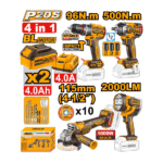 Pack De 4 Machines Perc Visseuse 96Nm+Boulonneuse 1/2 500nm+Meuleuse 115Mm+Lampe Torche Ingco