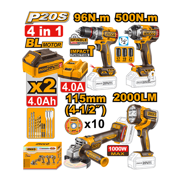 Pack De 4 Machines Perc Visseuse 96Nm+Boulonneuse 1/2 500nm+Meuleuse 115Mm+Lampe Torche Ingco