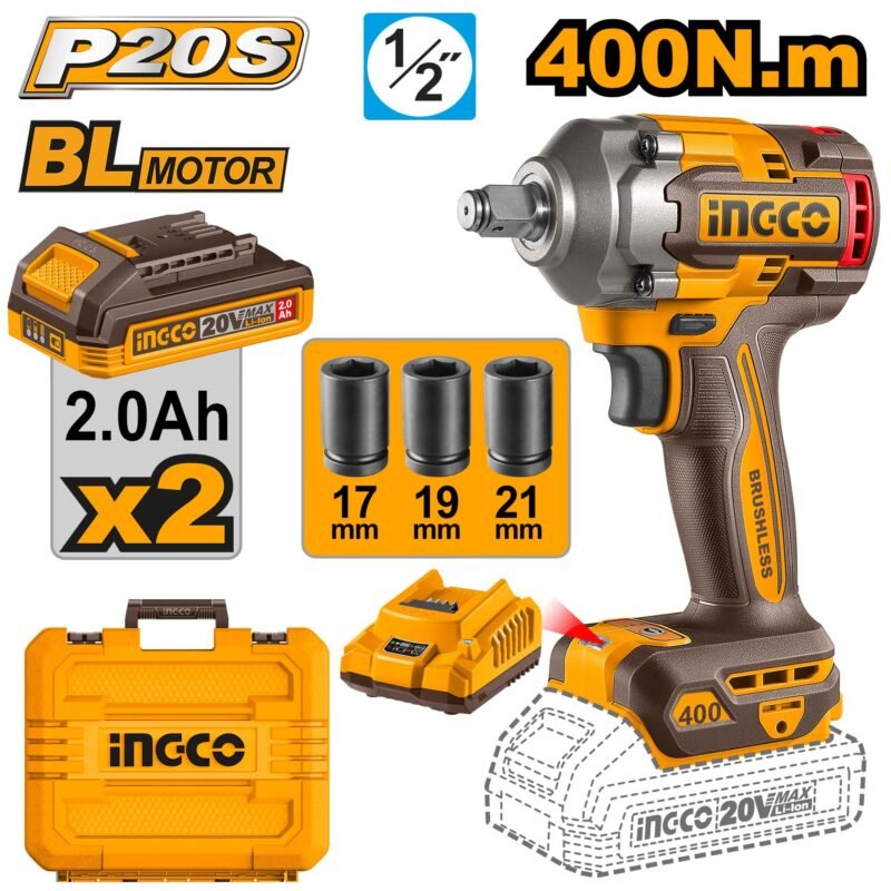 INGCO BOULONNEUSE A CHOC 400NM SANS CHARBON 20V+2BAT 2.0 [CIWLI2040]