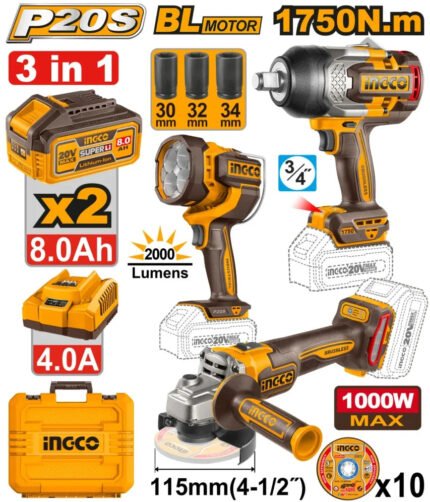 INGCO PACK MEULEUSE+BOULONNEUSE 1750NM+TORCHE+ 2BATTERIES/20V 8AH [COSLI250593]