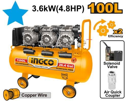 INGCO COMPRESSEUR SILENCIEUX 100L 3x1200W 4,8HP ACS3361001 - BRICOLYA - Outillage industriel | BTP | Jardinage | Énergie renouvelable et solution solaire | Équipements de Protection Individuelle et Signalisation et outils de bricolage en ligne