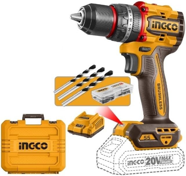 INGCO PERCEUSE VISSEUSE BRUSHLESS 20V+47 ACC 55NM CIDLI20558 - BRICOLYA - Outillage industriel | BTP | Jardinage | Énergie renouvelable et solution solaire | Équipements de Protection Individuelle et Signalisation et outils de bricolage en ligne - image 2