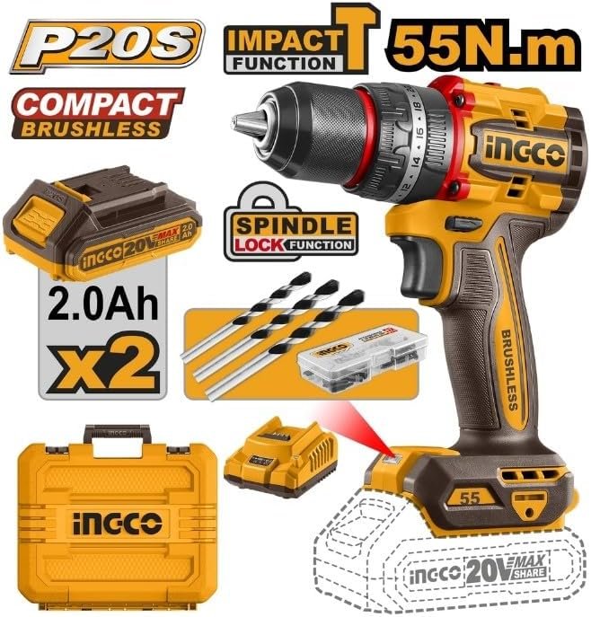 INGCO PERCEUSE VISSEUSE BRUSHLESS 20V+47 ACC 55NM CIDLI20558 - BRICOLYA - Outillage industriel | BTP | Jardinage | Énergie renouvelable et solution solaire | Équipements de Protection Individuelle et Signalisation et outils de bricolage en ligne