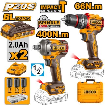 INGCO PACK 2 MACHINES VISSEUSE BRUSHLESS 66NM + BOULONNEUSE 20V [CKLI20275] - image 2