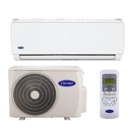 Climatiseur inverter Carrier réversible avec unité intérieure split, unité extérieure et sa télécommande blanche chez Bricochoix Maroc